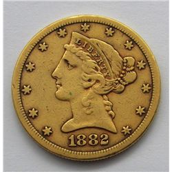 1882-S LIBERTY $5 GOLD HALF EAGLE