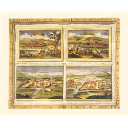 Temesvár, Várpalota, Nagykanizsa és Szigetvár látképe közös lapon. - Színezett rézmetszet