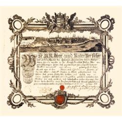 A Pesti szabócéh német nyelvu felszabadító levele a város látképével, 1797.