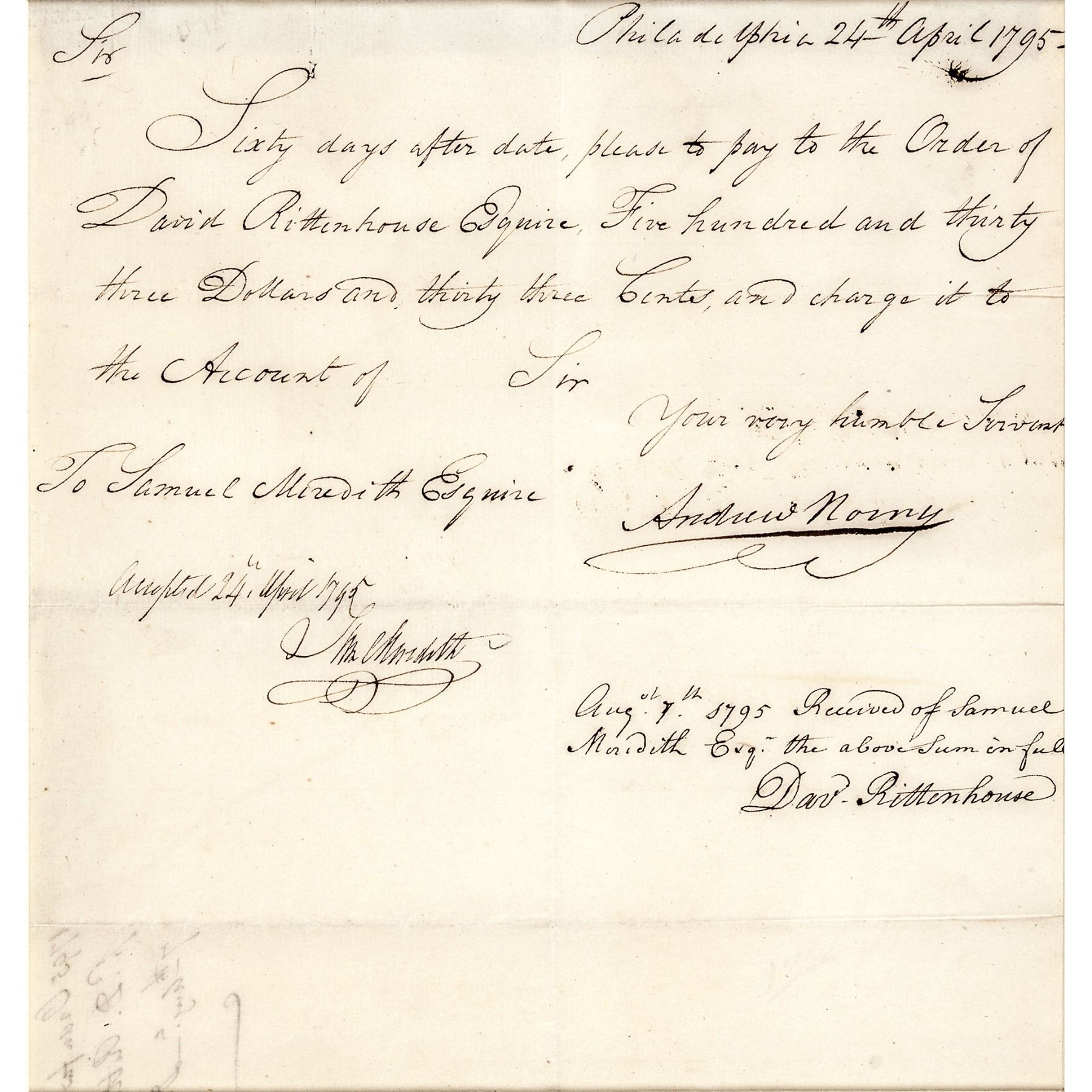 1795 DAVID RITTENHOUSE Autographed Manuscript Document Signed