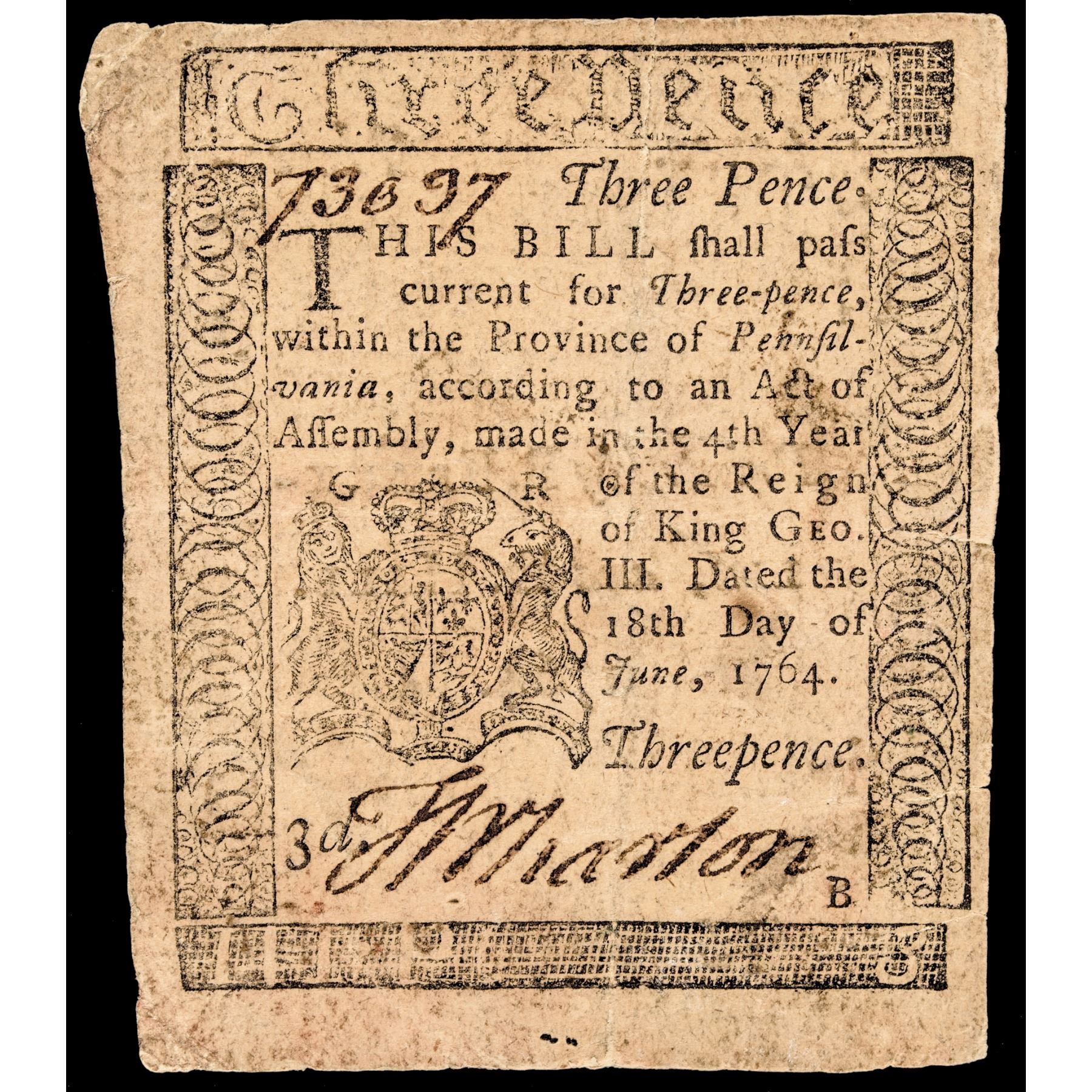 Colonial Currency Pennsylvania June 18 1764 3d Benjamin Franklin Printed