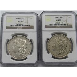 1880-S NGC AU 58 & 1880-O NGC AU 50 MORGAN $