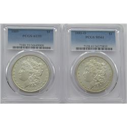 PCGS Morgan Dollars 1881-O MS 61, 1889 AU55