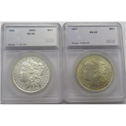 2-SEGS GRADED MORGANS PL 1921-P MS63,