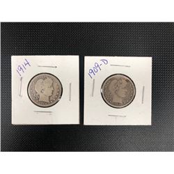 1909 + 1914  USA   25 CENTS      .900 SILVER