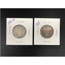 2 X 1915  USA 25 CENTS .900 SILVER