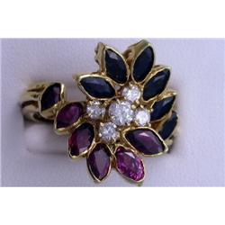 18K MARQUISE RUBY, SAPPHIRE AND DIAMOND RING