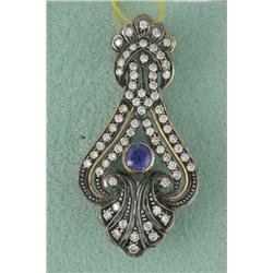 14K ANTIQUED SAPPHIRE & DIAMOND REPRO PENDANT