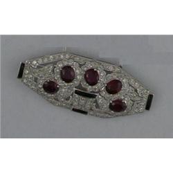 14K REPRODUCTION ART DECO RUBY, DIAMOND & ONYX PIN