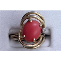 14K CORAL & DIAMOND RING