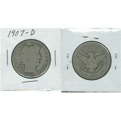 1907 D BARBER HALF DOLLAR.