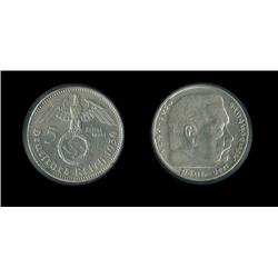 Germany 1936A 5 mark silver AU; These are terribly underpriced in today's market, get it now!!!