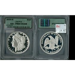 Liberia 2000-S $10 Morgan type ICG PR69 DCAM; Beautiful piece struck with 1 oz .999 fine silver, cer