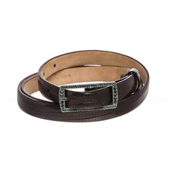 Valentino Black Lizard Skin Green Rhinestone Buckle Thin Belt