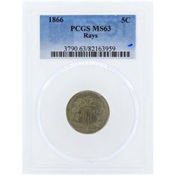 1866 Shield Nickel Coin with Rays PCGS MS63