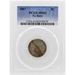 1867 5 Cent Shield Nickel No Rays Coin PCGS MS63