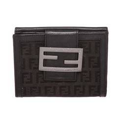 Fendi Black Zucca Canvas Leather Trim Small Wallet