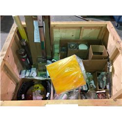 Contents of box including cat parts, Hitachi pins and bushings, Thomas belts and ETN Electrical supp