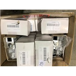 Case full of slide latch door hinge sets and box full of new various parts