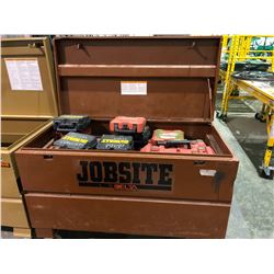 Jobsite mobile locking toolbox with numerous empty Milwaukee & Dewalt tool cases