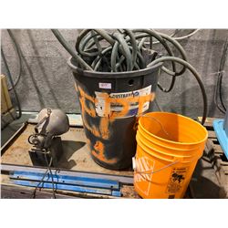 Pallet misc shelving, HD 100' garden hose, large garbage can