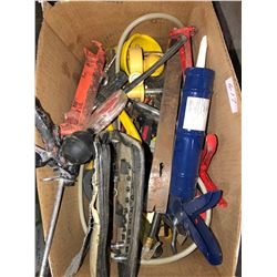 Pallet of numerous tools including Bosch Hammer Drill, Holt tool box with tools, clamps, jacks, adju