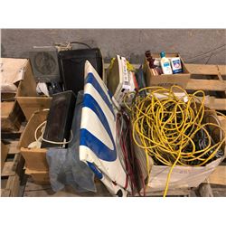 Pallet of 100's of ft of various extension cords, portable heater, rolls of adding machine tape, por