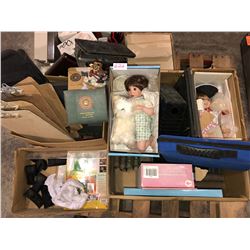 Pallet of antique collector books, dolls, vcr, offfice supplies, organizers, envelopes