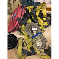 Various yellow/black safety harnesses, first aid kit, Kinedyne tie down straps