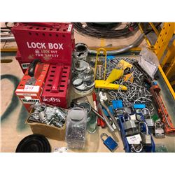 Chain, numerous Powerfist locks, App 14 Milwaukee Coring bits, Jobsite lock boxes with key (5), vari