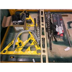 Numerous Makita HD jack hammer and impact drill bits (approx 30) up to 2", 2 - plate vises, level