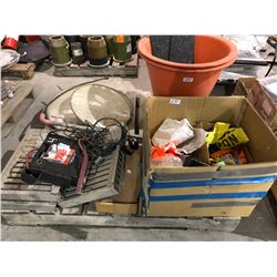 Curved shoplift mirrors x 2, battery booster pack, box full of office products, packing tape, tags