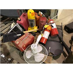 Eureka bagless vacuum, 2 unused commercial fire extinguishers, numerous jerry cans, large fan