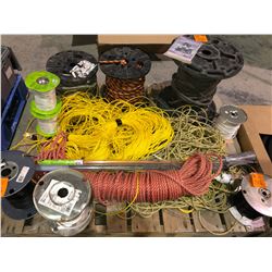 100s of feet of tugger/wire pulling rope, various rolls of wire, 4 rolls various sizes of rope