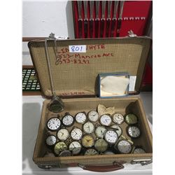 Lot of antique pocket watches in small antique suitcase, included Westclox, Hamilton, Hislam, and se