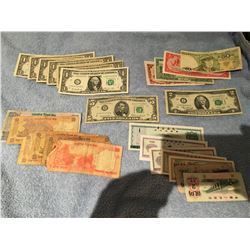World Paper banknotes, six USA one dollar, one USA 2 dollar, one USA 5 dollar, various bills from ch