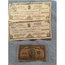 1945 Dominion of Canada War Savings Certificates and 25 cent paper bill 1923
