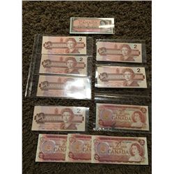 Canadian two dollar bills, one 1954, four 1974, six 1986