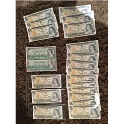 21 Canada one dollar bills, two are 1954 and 19 are 1973