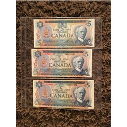 3 Canada five dollar bills 1972