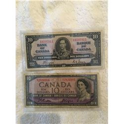 Two Canadian ten dollar bills 1954, 1937