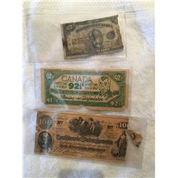 Three interesting antique currency, Canada 25 cent bill, Diefenbaker dollar, Confederate states 100 