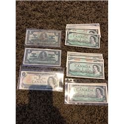 Canadian one dollar bills, two from 1937, five from 1954, 17 from 1967, 1 from 1973