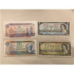 Canadian banknotes, one $5.00 from 1954, two $5.00 from 1979, one $10.00 from 1971, one $20.00 from 