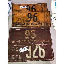 2 Matching 1936 Sask Plates 1 - 1938, 1 - 1926