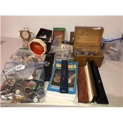 Several watches in bags, boxes, wood jewelry boxes, watch book, collector watches, pocket watches