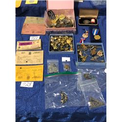 4 Boxes of military buttons, medals, RAF, RCAF and various pins, WW Ration books, Tokens, etc