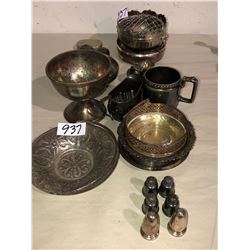 Several decorative silver pieces, candy dishes, ashtrays, incense burning, container all silver