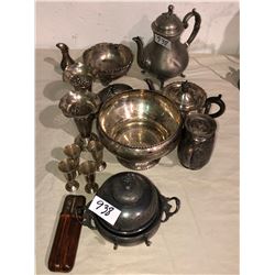 Several pieces of silverware, teapots, decorative pieces
