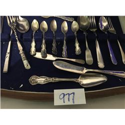 Assorted silverware, tea spoons, butter knives, small forks & spoons, many stamped sterling/925